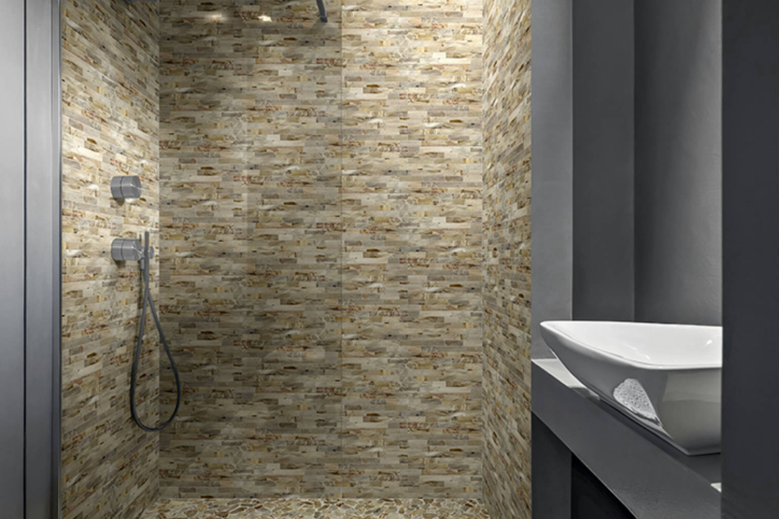 Fossil Wood Mini Opus Mix Beige Interlocking Mosaic | In Home Stone