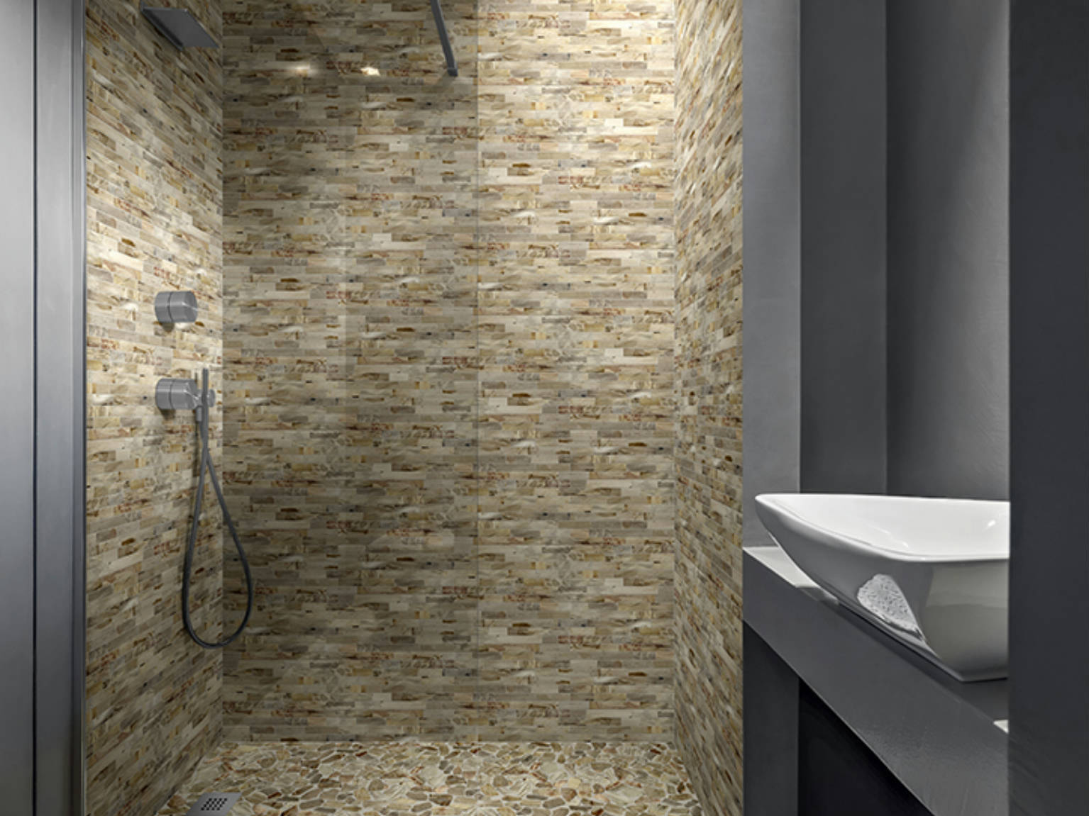 Fossil Wood Mini Opus Mix Beige Interlocking Mosaic | In Home Stone