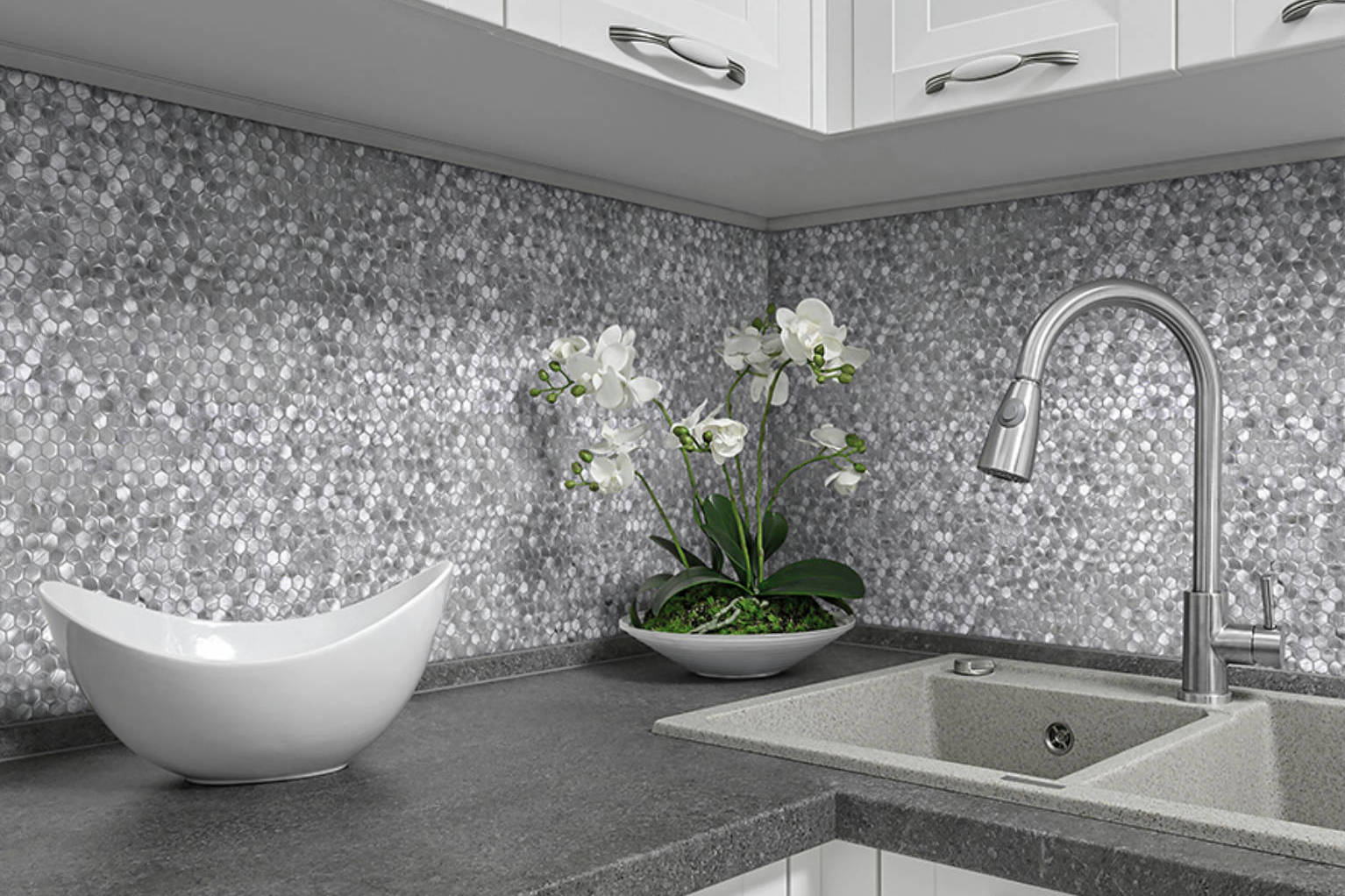 Medium Hexagon Silver Aluminum Mosaic  | In Home Stone