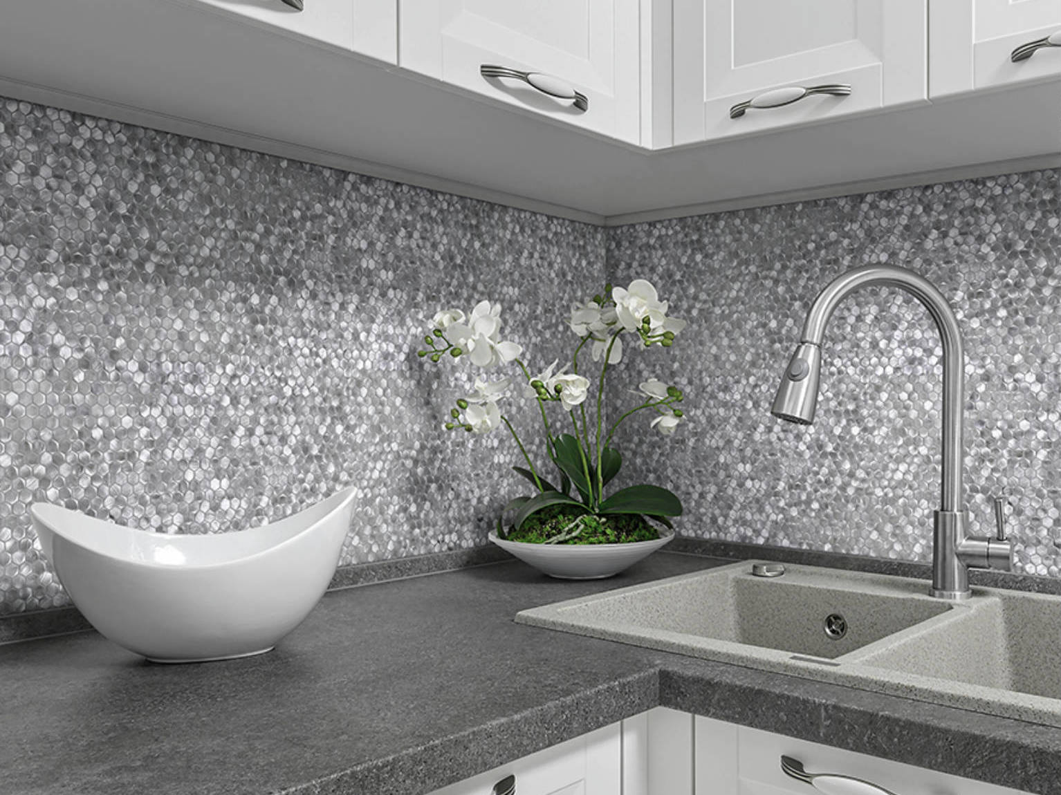 Medium Hexagon Silver Aluminum Mosaic  | In Home Stone