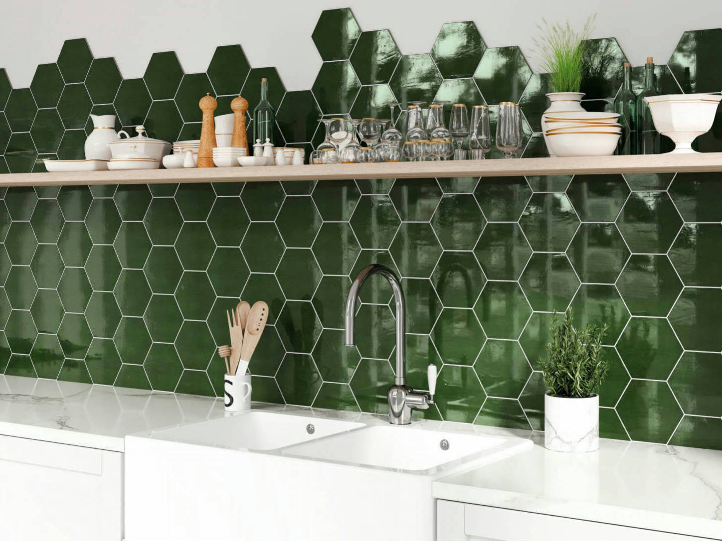 Ronda 5.5X6.3” Green Hexagon | In Home Stone