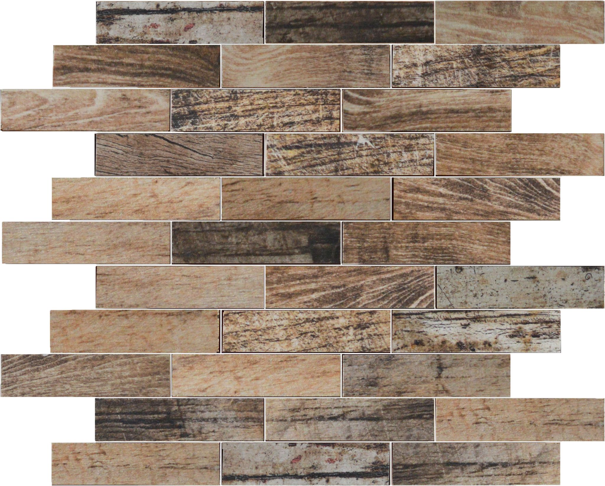 Beige Brown Mix Wood 1.1"x4" Glazed Ceramic Mosaic | In Home Stone