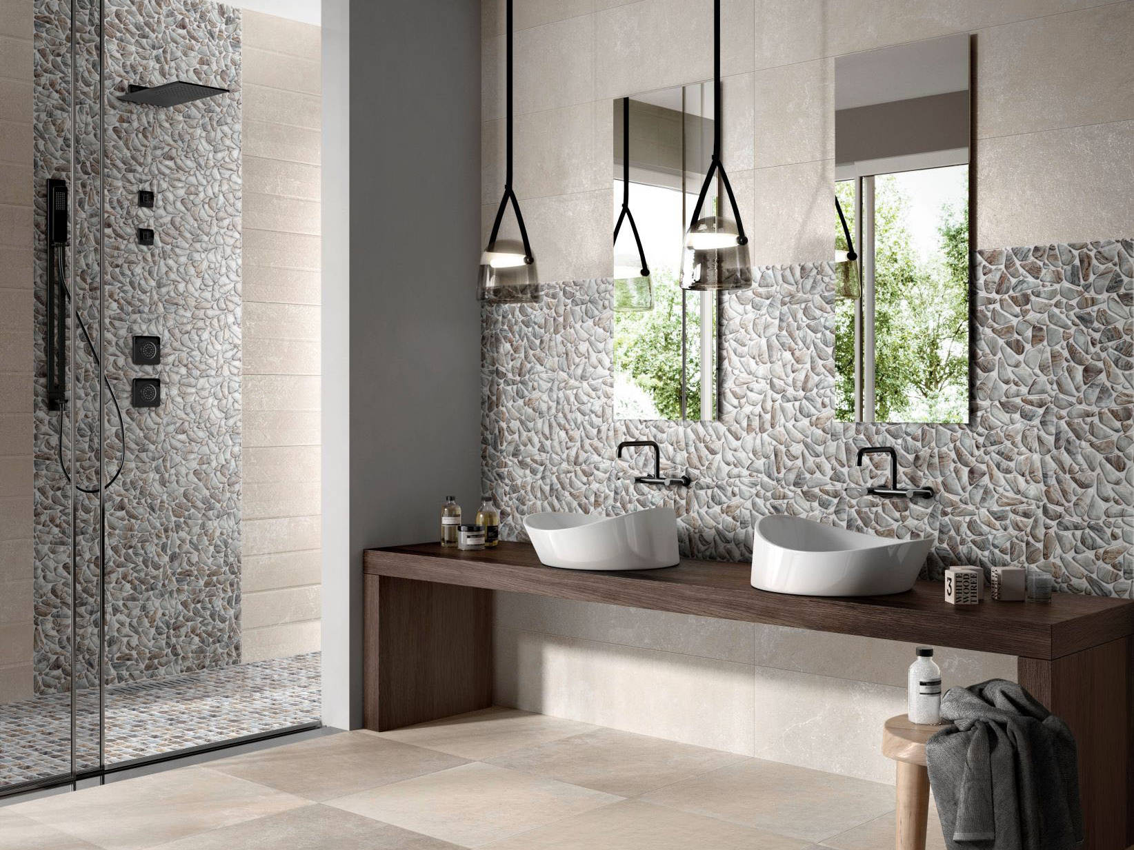 Glass Pebble Grey Beige Mix + Glass Square Grey Beige Mix | In Home Stone