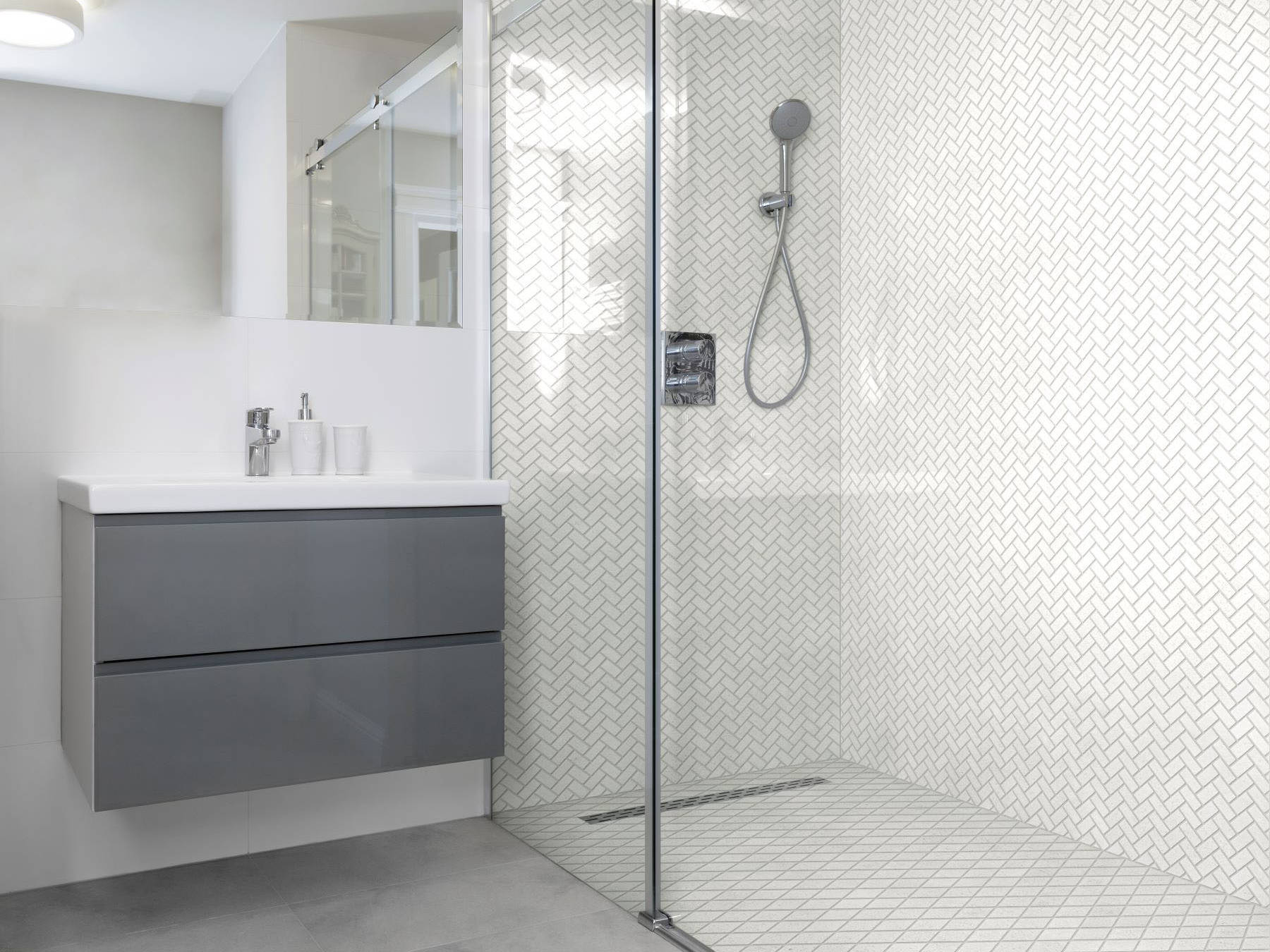 Herringbone Crystal + Crystal White  Marble Diamond | In Home Stone