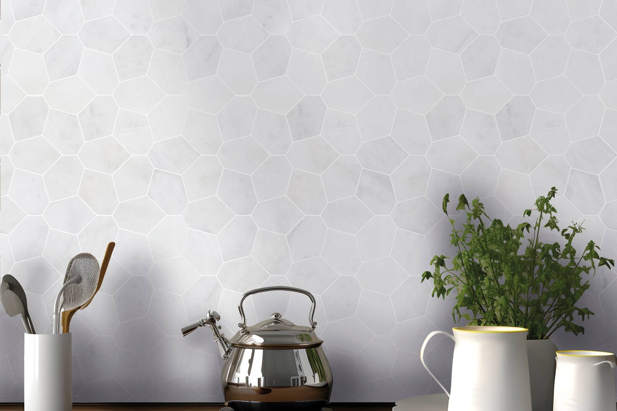 Irregular Hexagon White Grey Marble | In Home Stone