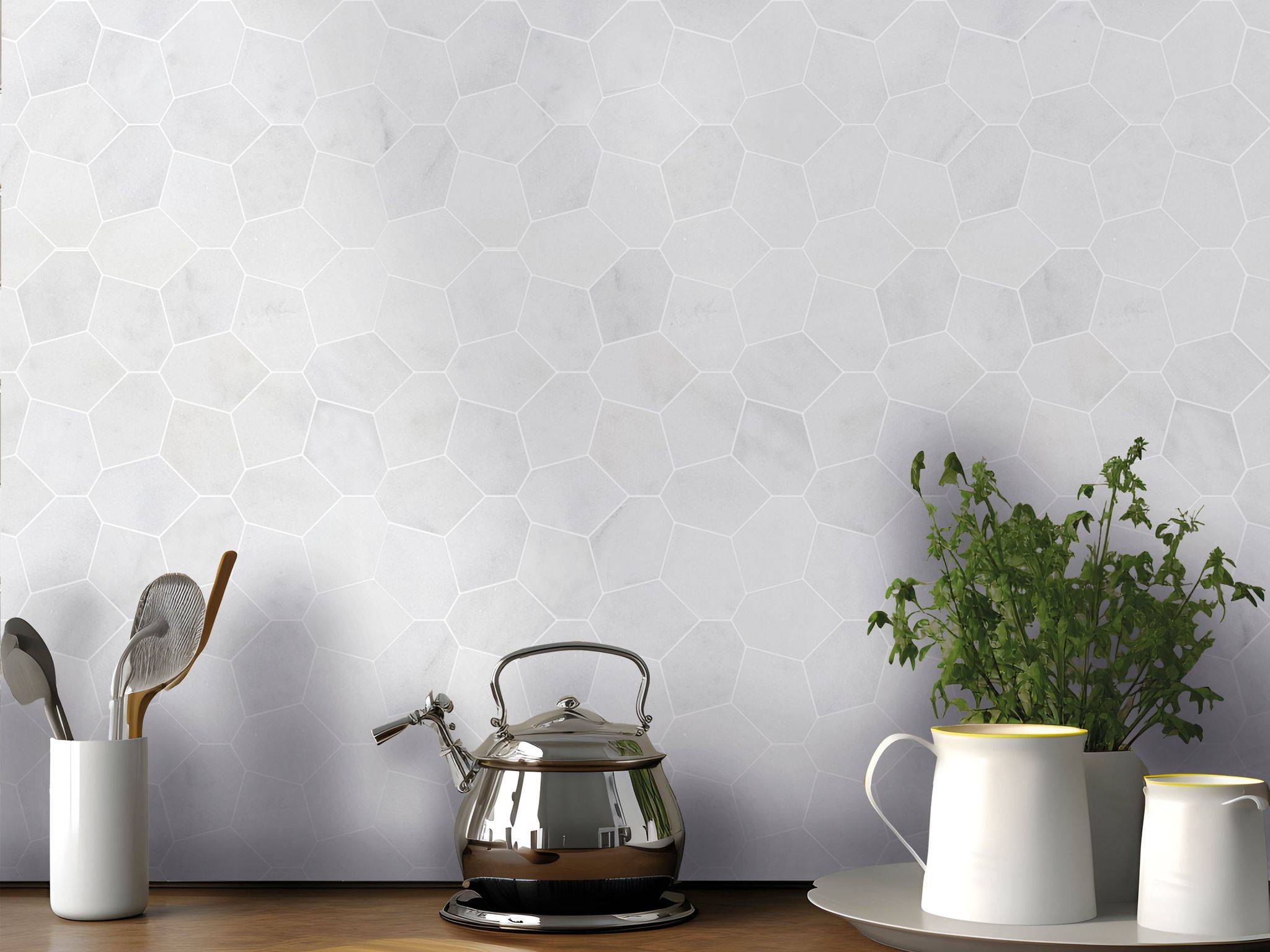 Irregular Hexagon White Grey Marble  | In Home Stone